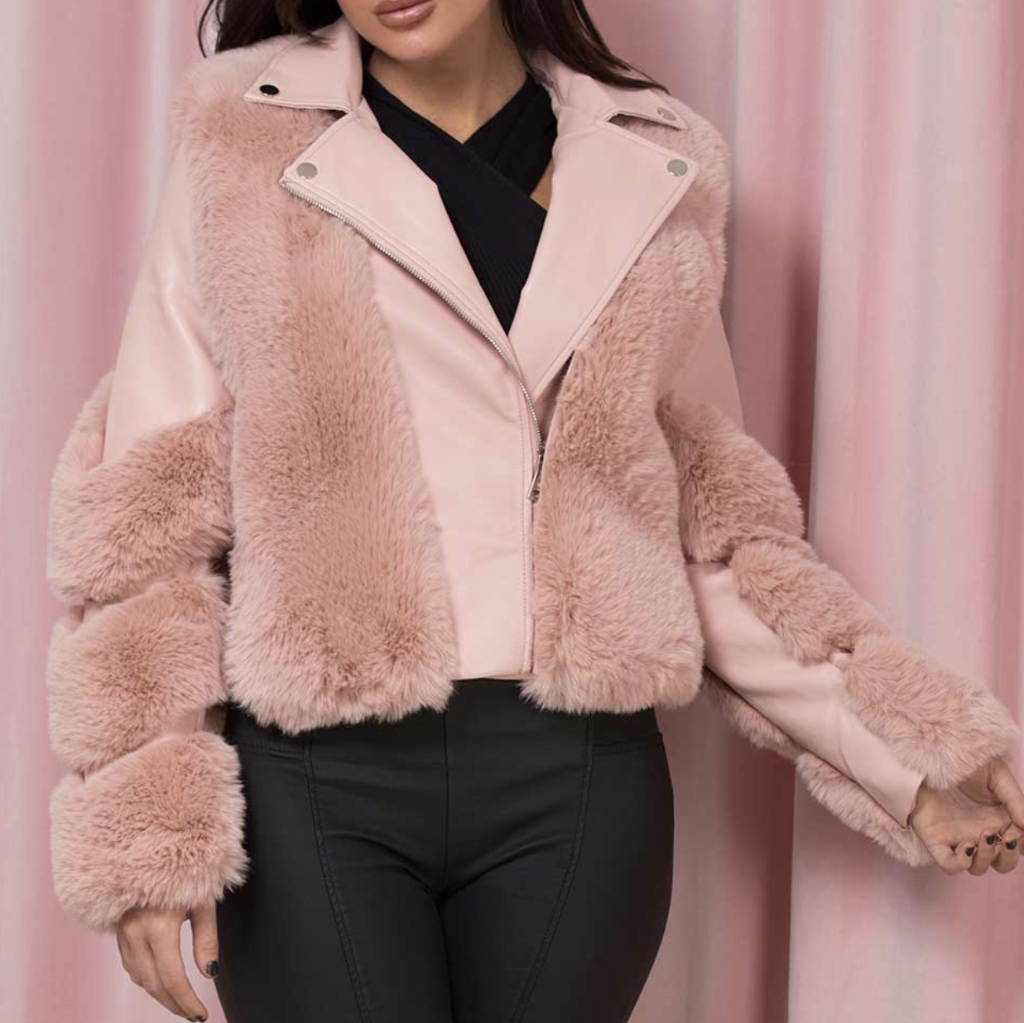 Beautiful Faux Fur Leather Aviator Pink Jacket Coat 100% Vegan